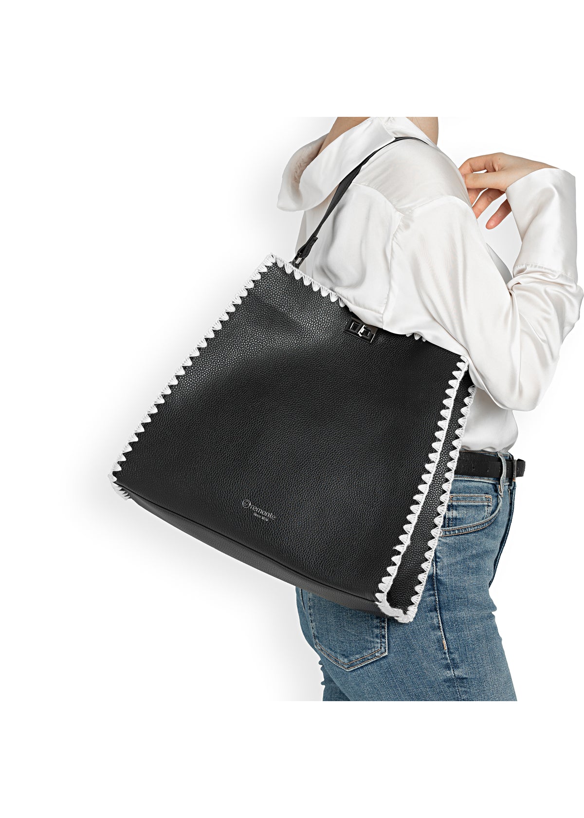 Naisten käsilaukku - musta, valkoiset virkatut reunukset