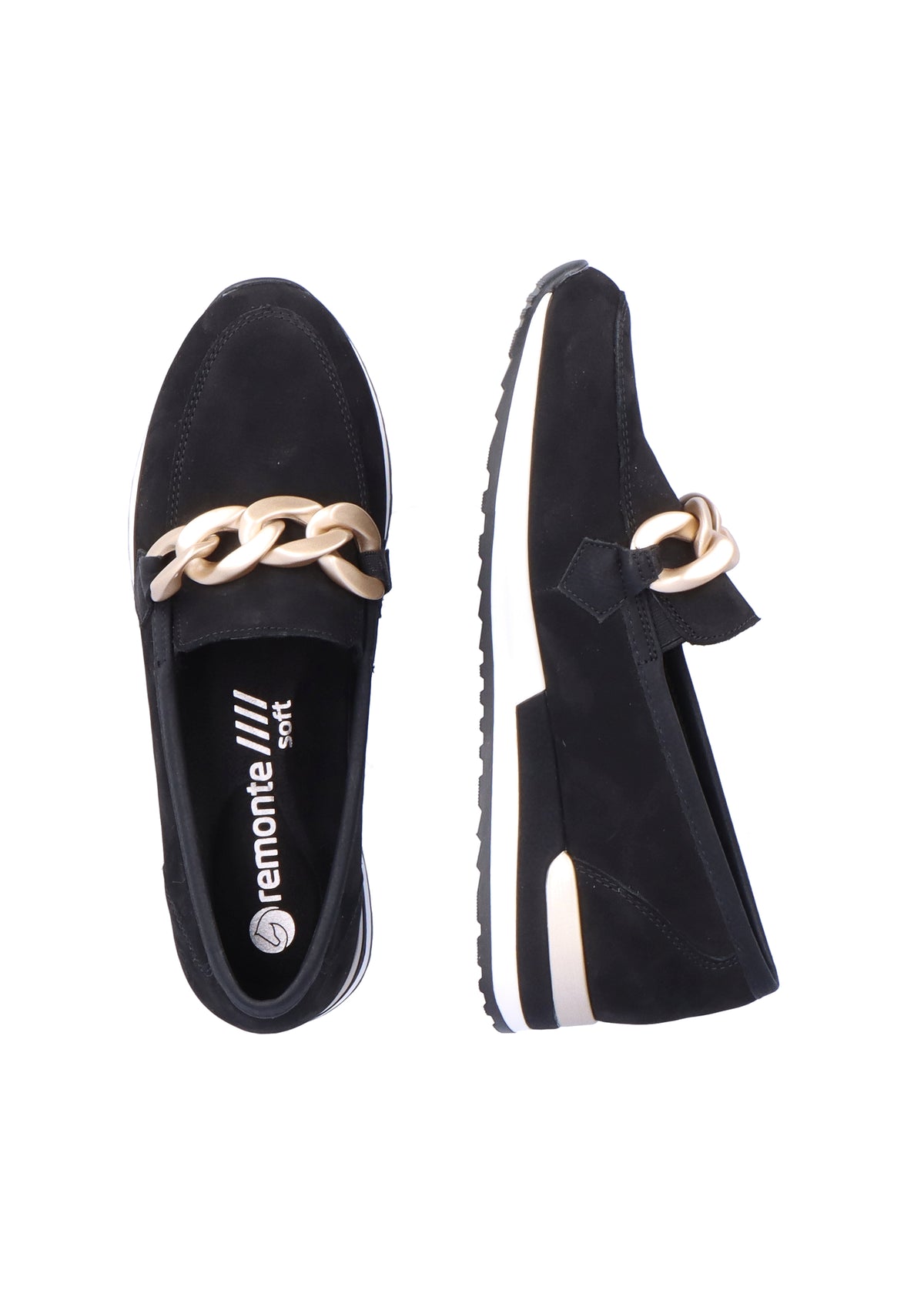 Loafers with a wedge sole - black, gold buckle decoration