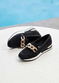 Loafers with a wedge sole - black, gold buckle decoration