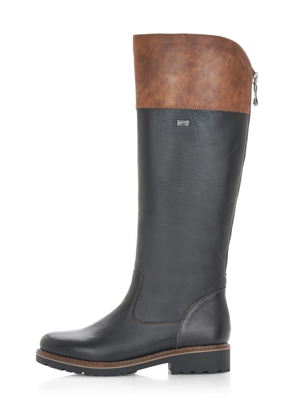 Boots black leather, brown upper shaft, adjustable L-XL shaft