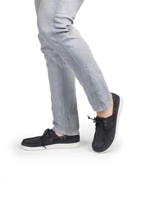 Seglarskor - mörkblått läder, mörkblå snören, barfotaskor