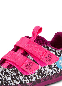 Lasten Flamingo-paljasjalkatennarit - Sneaker Knit Happy, musta-valkoinen neulos, violetti pohja, pinkit tarrat