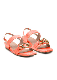 Sandals with a low wedge heel - coral red