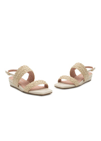 Sandals with a low wedge heel - light beige, braided thongs