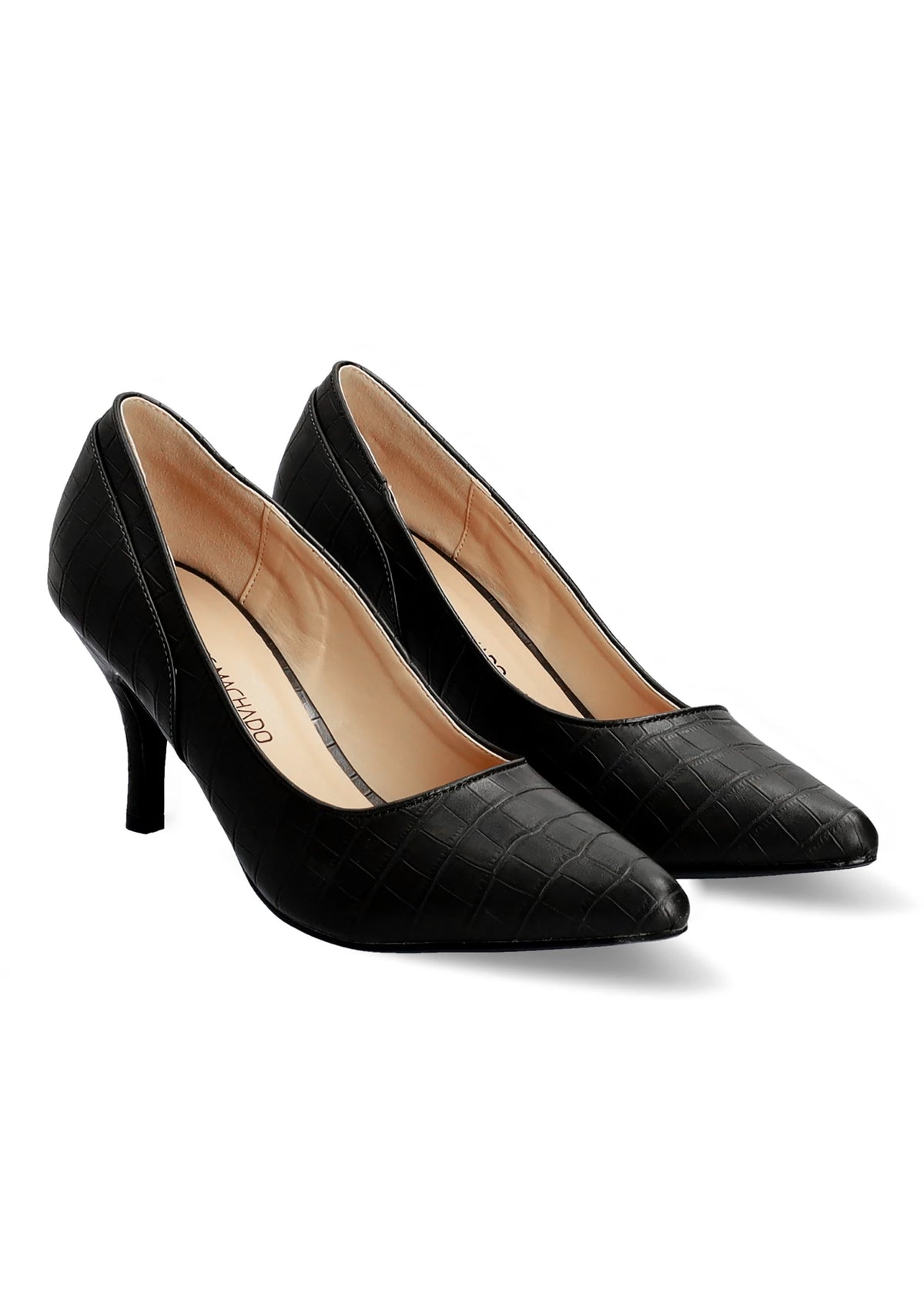 High heels - black, crocodile pattern surface