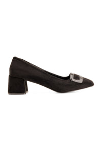 Open-toed shoes with a studded heel - black, buckle decoration