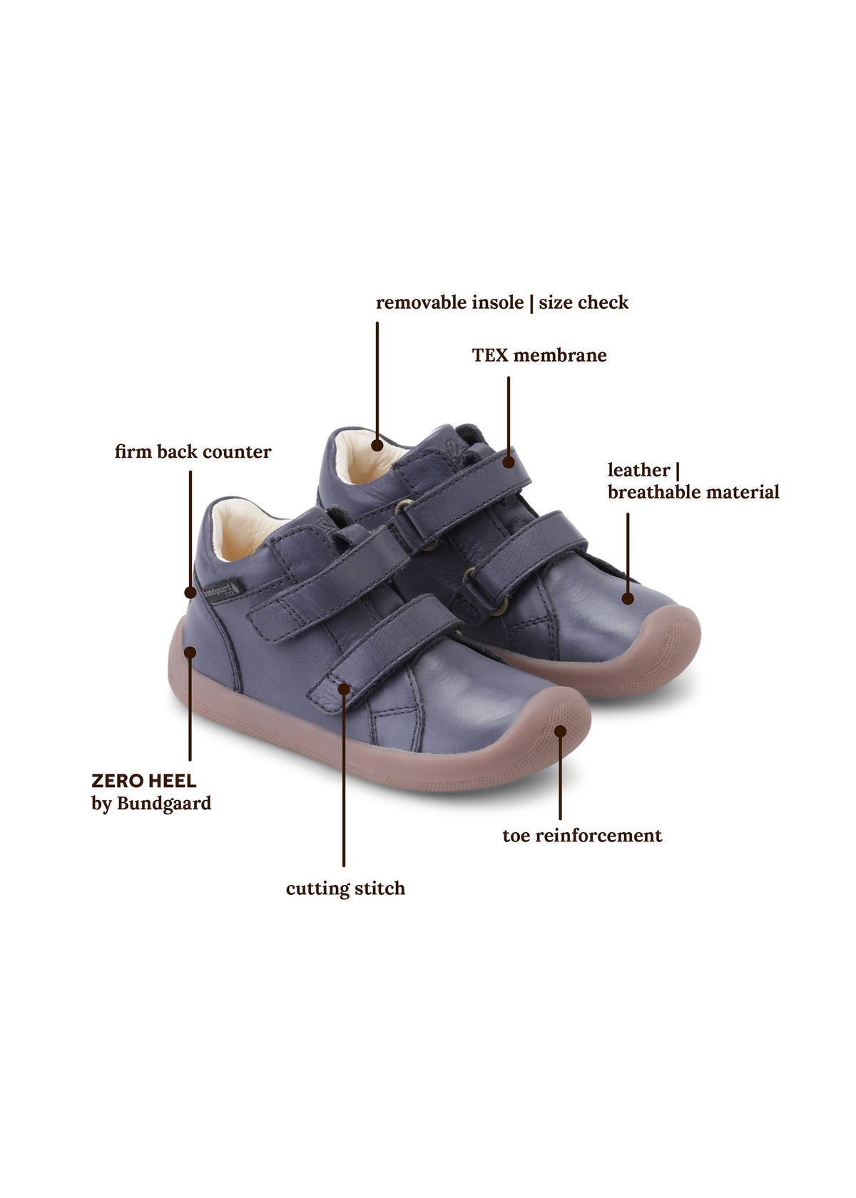 Kardborrsneakers för barn med TEX-membran - The Walk Velcro Tex, mörkblå, Bundgaard Zero Heel