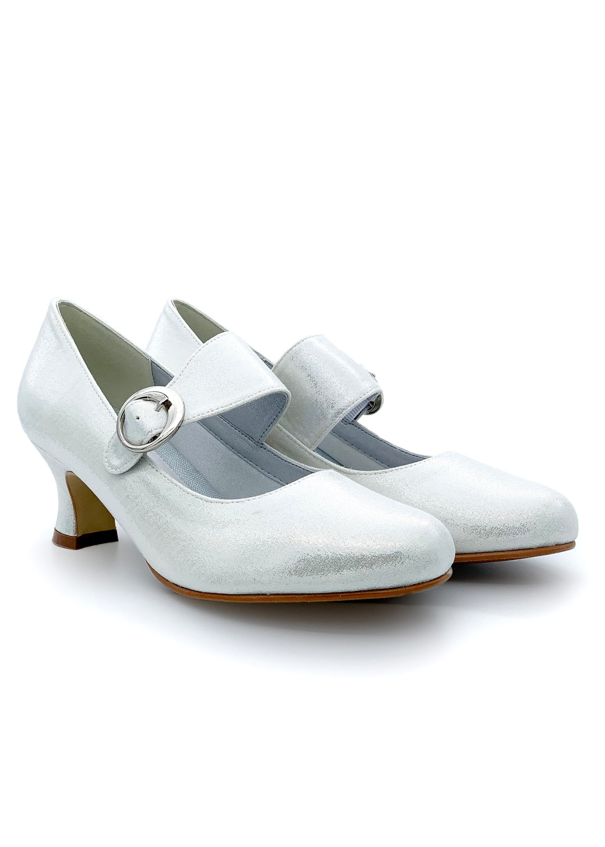 Open toe shoes with wide buckle straps - white, silvery fabric