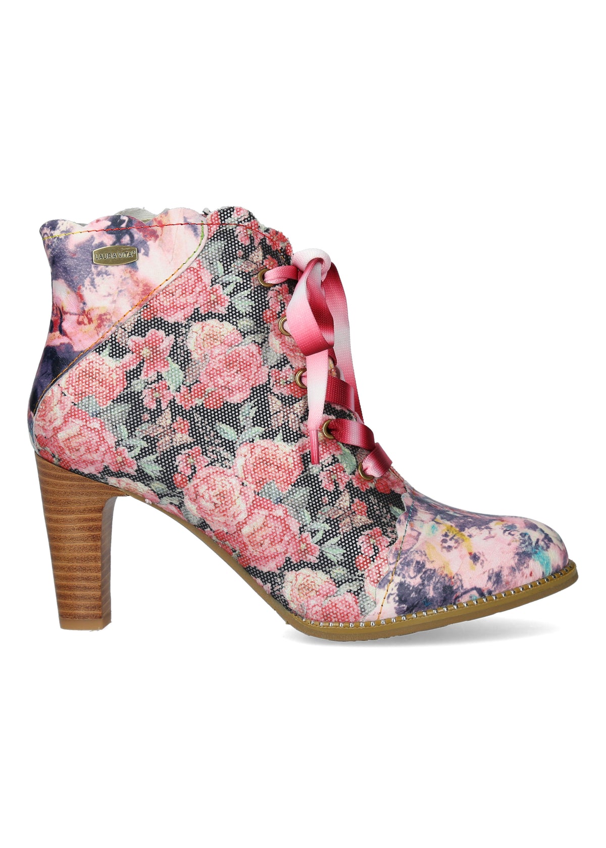 Ankle boots with high heels - pink, floral patterns