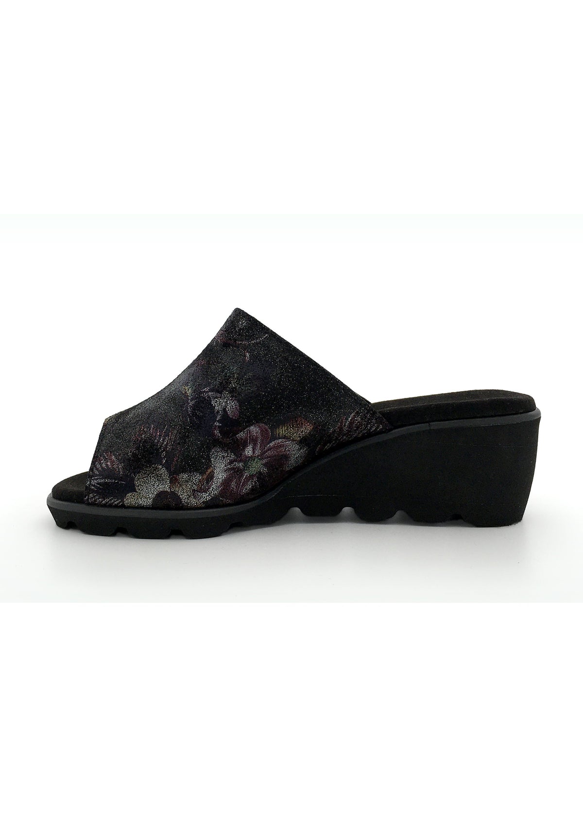 Stiletto sandals with wedge heel - dark floral pattern