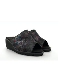 Stiletto sandals with wedge heel - dark floral pattern
