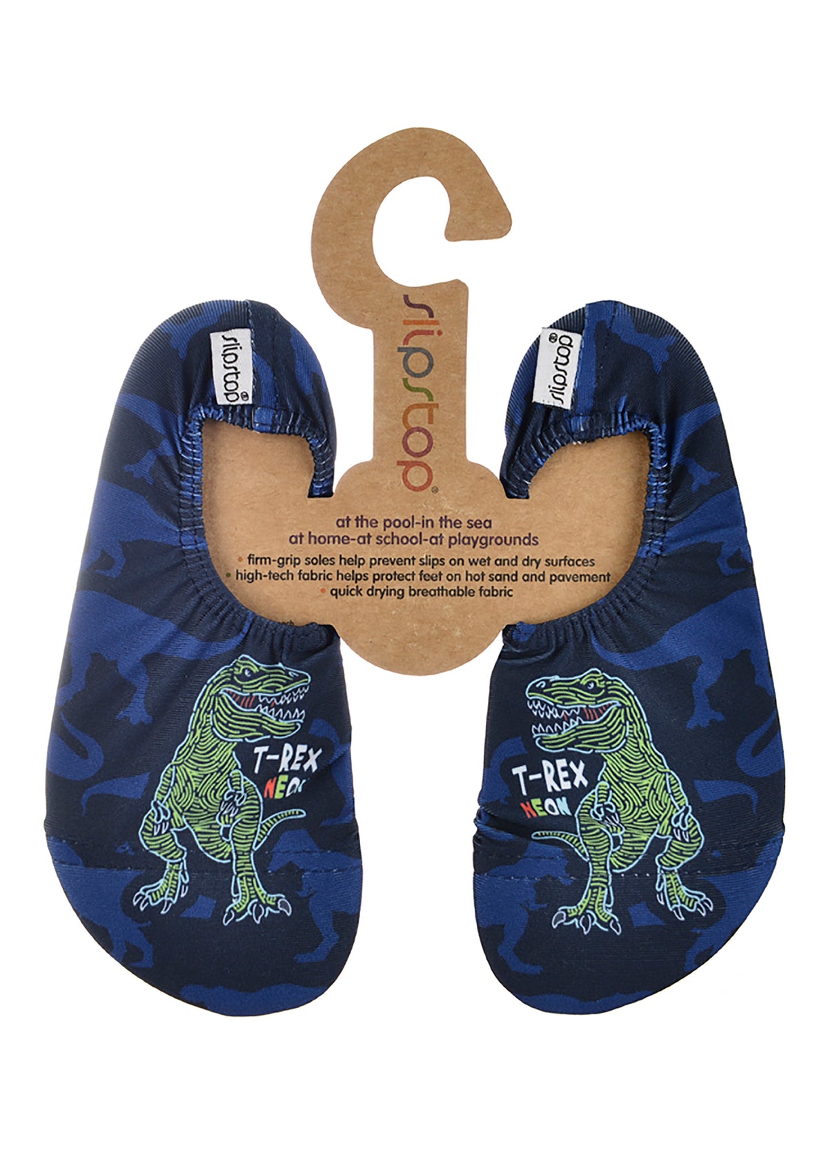 Children's slippers - Mighty, a dinosaur with a dark blue base